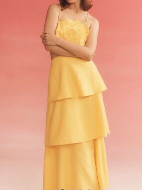 Farm Rio for Anthropologie 3D Floral Tiered Midi Dress – Yellow, Size S